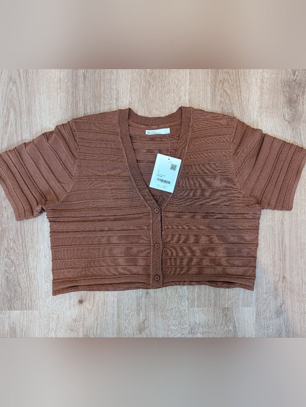Oak + Fort Brown Ribbed Knit Short Sleeve Cropped Cardigan BNWT L